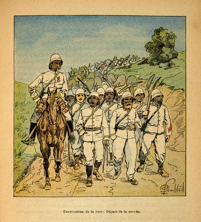 Krigen i Madagaskar-Anekdotisk historie om de franske ekspeditioner i 1885-1895 af Henri Galli dit Galllichet (1854-1922), illustreret af Louis Bombled (1862-1927): Anlæg af en vej i Madagaskar, begyndelsen af corvee, Privat samling af Louis Charles Bombled