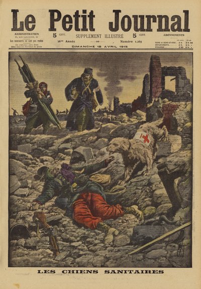 Using rescue dogs to search for wounded, France, World War I, 1915dani af Louis Charles Bombled