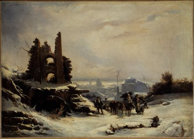Hjemkomsten fra markedet (sneeffekt over Paris), ca. 1830 (olie på lærred) af Louis Claude Mallebranche