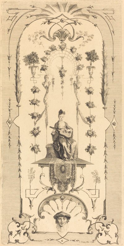 Siddende kvinde spiller guitar af Louis Crépy after Antoine Watteau