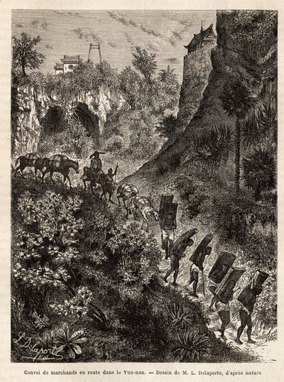 En konvoj af købmænd og deres portører på vej til Yunnan (Kina), indgraveret efter tegningen af L. Delaporte, for at illustrere udforskningsrejsen i Indokina af Francis Garnier, skibsløjtnant, i 1866-1868, udgivet i "" Le tour du monde”” 187 af Louis Delaporte