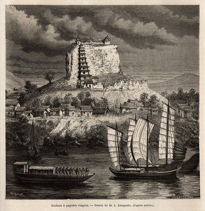 En klippe med pagodescener og forskellige både på den blå flod (Kina), gravering efter tegningen af L.Delaporte, for at illustrere udforskningsrejsen i Indokina af Francis Garnier, skibløjtnant, i 1866-1868, udgivet i " ” Le tour du monde af Louis Delaporte