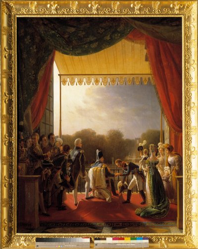 Ludvig XVIII, omgivet af medlemmer af den kongelige familie, deltog i Tuileriernes balkon, da den spanske hær vendte tilbage den 2. december af Louis Ducis