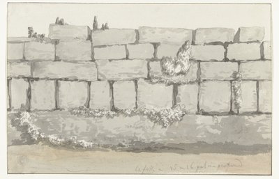 Ydersiden af ​​ydervæggen i det gamle tempel i den antikke by Manduria Struktur udvendig af mur udvendig af láncienne Mandurie Voyage en Italy, og Sicile et à Malte - 1778 (serietitel) af Louis Ducros