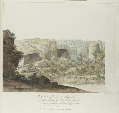 Gedeelte van Latomies hule ved Syracuse En del af Latomies of Syracuse (titel på objekt) Rejser i Italien, Sicilien og Malta - 1778 (serietitel) af Louis Ducros