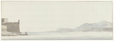 Se på kystlinjen fra Calabrien fra det yderste punkt af vesting Messina Udsigt over Calabriens kyst taget fra det ydre hjørne af citadellet Messina (titel på objektet) Rejser i Italien, Sicilien og Malta - 1778 (serietitel) af Louis Ducros