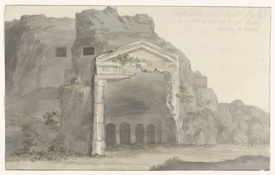 Grave med facade i dorisk stil hugget ind i klippen nær Syracuse Voyage en Italy, og Sicile et à Malte - 1778 (serietitel) af Louis Ducros