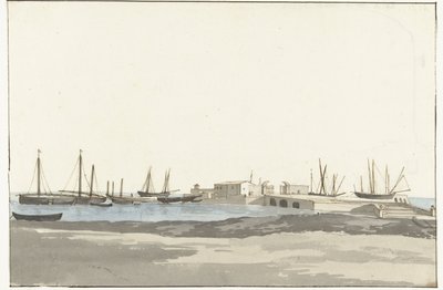 Havn i Barletta med skibe Mole du port de Barletta (titel på objekt) Voyage en Italy, og Sicile et à Malte - 1778 (serietitel) af Louis Ducros