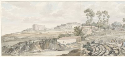 Interiør mødte trappen van teater i Syracuse Udsigt over interiøret og tribunen i Syracuse Theatre (titel på objektet) Rejser i Italien, Sicilien og Malta - 1778 (serietitel) af Louis Ducros