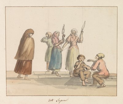 Traditionelle kostumer af øen Gozo Costume de Ghozo (titel på objekt) Voyage en Italy, og Sicile et à Malte - 1778 (serietitel) af Louis Ducros