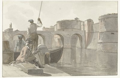 Ny vestingsgracht van de vestingwerken i Taranto Udsigt over den nye voldgrav i Citadel of Taranto (titel på objektet) Rejser i Italien, Sicilien og Malta - 1778 (serietitel) af Louis Ducros