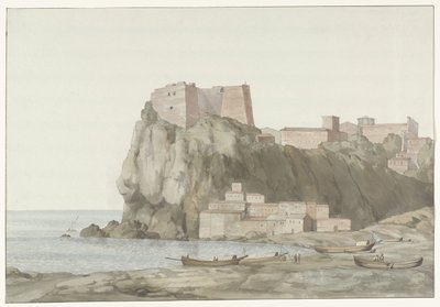 Bøsser i byen Scilla i de region Calabrië aan de westkust Rock & Town of Scilla i Calabrien; udsigt taget fra solnedgangssiden (titel på objekt) Rejser i Italien, Sicilien og Malta - 1778 (serietitel) af Louis Ducros