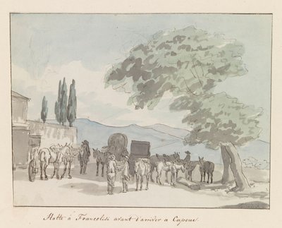 Stop i Francolisi voor aankomst i Capua Stop ved Francolisi før du ankommer til Capua (titel på objekt) Rejser i Italien, Sicilien og Malta - 1778 (serietitel) af Louis Ducros