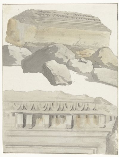 To stykker af en architraaf af det antikke tempel i den gamle by Manduria Udsigt over et værelse i architraven af ​​det gamle tempel i den antikke by Manduria Rejser i Italien, Sicilien og Malta - 1778 (serietitel) af Louis Ducros