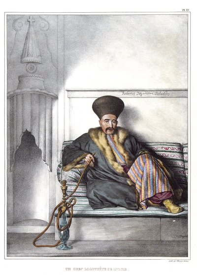 En græsk logoet af Livadie. i "" Rejsen til Athen og Konstantinopel, eller samling af græske og osmanniske portrætter, udsigter og dragter, malet på steder efter naturen, litografier og farver af Louis Dupre (1789-1837), Davids elev.1825. af Louis Dupré