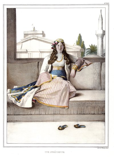 En athener. i "" Rejsen til Athen og Konstantinopel, eller samling af græske og osmanniske portrætter, udsigter og kostumer, malet på steder af efter naturen, litografier og farver af Louis Dupre (1789-1837), elev af David.1825. af Louis Dupré