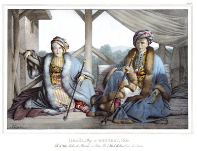 Ismael, Bey og Mehemet Pasha, søn af Veli, pasha af Thessalien og barnebarn af Ali Tebelen (1741-1822), vizir af Janina, i "" Rejsen til Athen og Konstantinopel, eller samling af græske og osmanniske portrætter, udsigter og kostumer, malet på steder af nat af Louis Dupré