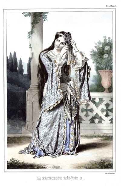 Prinsesse Helene Soutzo. i "" Rejsen til Athen og Konstantinopel, eller samling af græske og osmanniske portrætter, udsigter og kostumer, malet på steder af efter naturen, litografier og farver af Louis Dupre (1789-1837), elev af David.1825. af Louis Dupré