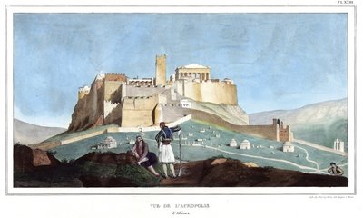 Udsigt over Akropolis i Athen. i "" Rejsen til Athen og Konstantinopel, eller samling af græske og osmanniske portrætter, udsigter og kostumer, malet på naturens steder, litografier og farver af Louis Dupre (1789-1837), Davids elev.1825. af Louis Dupré