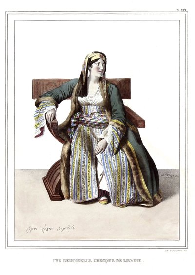 En græsk dame fra Livadie. i "" Rejsen til Athen og Konstantinopel, eller samling af græske og osmanniske portrætter, udsigter og kostumer, malet på naturens steder, litografier og farver af Louis Dupre (1789-1837), Davids elev.1825. af Louis Dupré