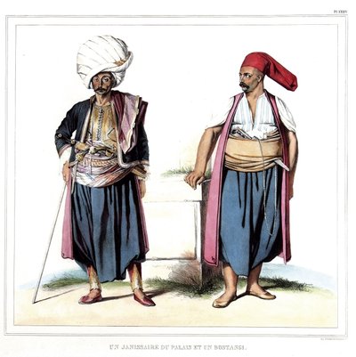En janitsjar af paladset og en bostangi (gartner af serail). i "" Rejsen til Athen og Konstantinopel, eller samling af græske og osmanniske portrætter, udsigter og kostumer, malet på naturens steder, litografier og farver af Louis Dupre (1789-183) af Louis Dupré