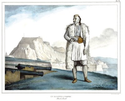 En Suliote på Korfu, Nicolo Pervoli, i "" Rejsen til Athen og Konstantinopel, eller samling af græske og osmanniske portrætter, udsigter og kostumer, malet på steder efter naturen, litografier og farver af Louis Dupre (1789-1837), Davids elev .1825. af Louis Dupré