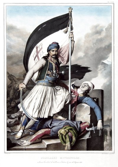 Nikolacki Nitropolos, iført korsets standard ved fæstningen Salona taget fra Det Osmanniske Rige, påskedag 1821. i "" Rejsen til Athen og Konstantinopel, eller samling af græske og osmanniske portrætter, udsigter og kostumer, malet på af Louis Dupré