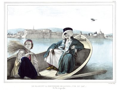 Janinas palads og fæstning, set fra søen. En tyrker og en ung græker. i "" Rejsen til Athen og Konstantinopel, eller samling af græske og osmanniske portrætter, udsigter og kostumer, malet på steder efter naturen, litografier og farver af L. af Louis Dupré