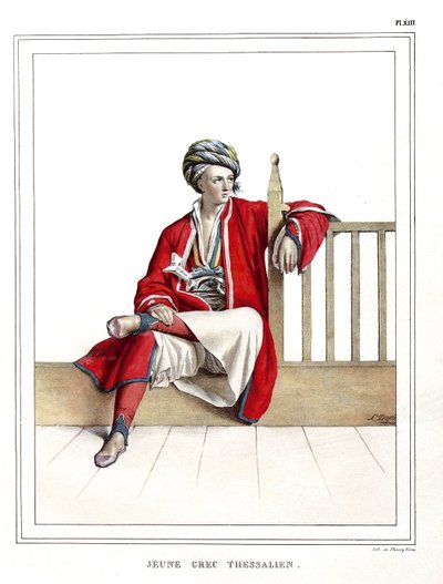 Ung græsk Thessalier. i "" Rejsen til Athen og Konstantinopel, eller samling af græske og osmanniske portrætter, udsigter og dragter, malet på steder efter naturen, litografier og farver af Louis Dupre (1789-1837), Davids elev.1825. af Louis Dupré