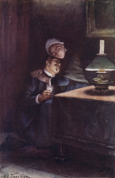 Med sit tunge, uldne hoved på hendes knæ mindedes han de glade aftener i sin barndom. af Louis Edouard Paul Fournier