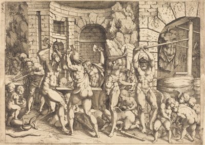 Vulcans smedje af Louis Elle I after Francesco Primaticcio