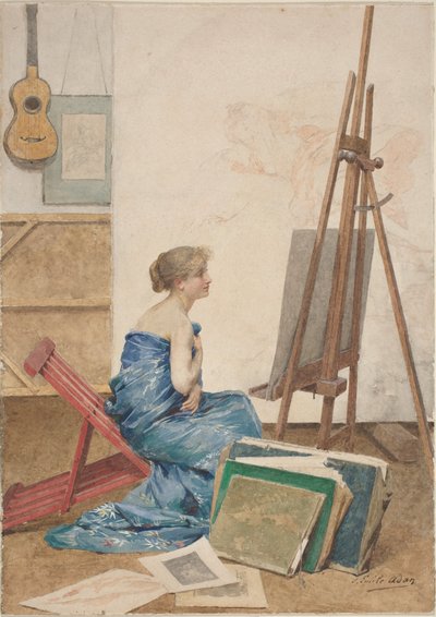 Et malers studie med en model indpakket i japansk silke af Louis Emile Adan