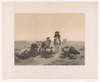 Landmand og hyrde med køer og får på vej til markedet En route pour le marché (titel på objekt) af Louis Emmanuel Soulange Teissier