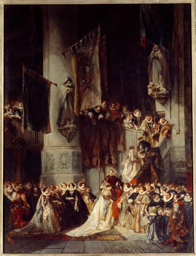 En ceremoni i Delft kirke. Maleri, der forestiller et bryllup i Holland i det 16. århundrede. Maleri af Louis Gabriel Eugene Isabey (1803-1886) af Louis Eugene Gabriel Isabey