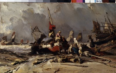 ""Efter stormen"" (Efter stormen) En fisker finder sin familie efter stormen. Maleri af Louis Gabriel Eugene Isabey (1803-1886) 1869 Dim. 36,5x60 cm Eremitagemuseet, Sankt Petersborg af Louis Eugene Gabriel Isabey
