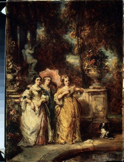 ""La promenade"" (gåturen) Tre unge piger fra en god familie i en park. Maleri af Louis Gabriel Eugene Isabey (1803-1886) 1852 Pushkin Museum, Moskva af Louis Eugene Gabriel Isabey
