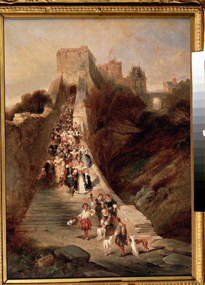 ""Forlader slottet"" (Forlader slottet) En gruppe herrer og damer fra det 17. århundrede, der går ned ad den store indgangstrappe til et slot. Maleri af Louis Gabriel Eugene Isabey (1803-1886) Pushkin Museum fra det 19. århundrede, Moskva af Louis Eugene Gabriel Isabey
