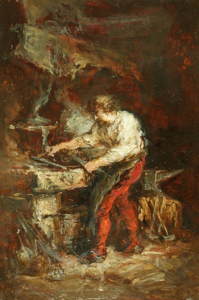 The Smithy (olie på panel) af Louis Eugene Gabriel Isabey