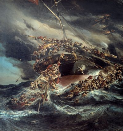 Ilden af damperen Østrig Scene skibbrud af et skib, passagererne forsøger at undslippe på bådene i det demonterede hav. Detalje. Maleri af Eugene Isabey (1803-1886) af Louis Eugene Gabriel Isabey