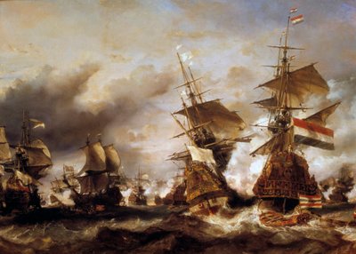 Krig mod Ligaen af Augsburg: "" Slaget på Texel den 29/06/1694, Jean Barts (1650-1702) sejr over den hollandske eskadron af Admiral of Friesland"" Franskmændene beslaglægger hollandske skibe ladninger af hvede. Maleri af Louis Gabriel Eugene Isabey (1803-1 af Louis Eugene Gabriel Isabey