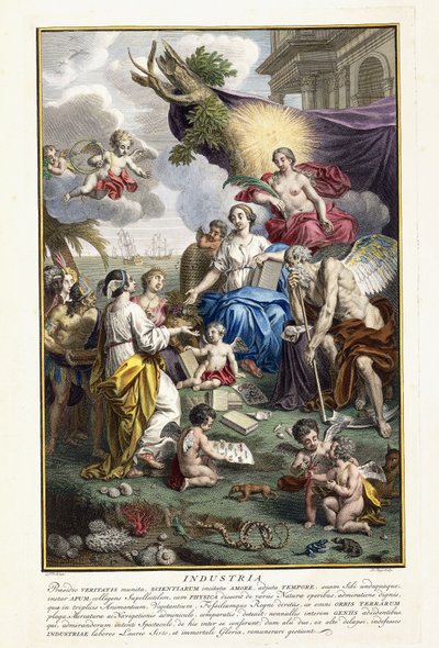 Industri, Frontispice fra "Den mest nøjagtige beskrivelse af naturskattene", 1734-1765 af Louis Fabricius Dubourg