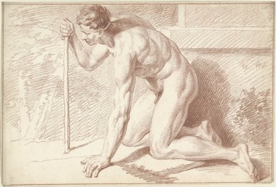 Mand nøgen, knælende, med stok, vendt mod venstre af Louis Fabritius Dubourg