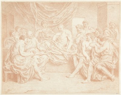 Gammel mand på sengen omgivet af mennesker af Louis Fabritius Dubourg