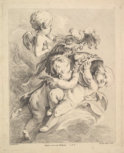 Tre amoriner, der holder en hjelm. af Louis Felix de la Rue