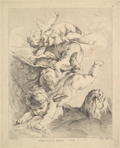 Tre amoriner drejer en saltomortale, en ørn til højre. af Louis Felix de la Rue