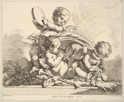 Tre amoriner, to spiller musik, en holder palmeblade. af Louis Felix de la Rue