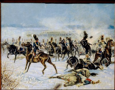 Slaget ved Eylau, 20. februar 1807. (Slaget ved Preussisch Eylau den 8. februar 1807). Militær konfrontation mellem den franske Grande Armee af Napoleon I (1769-1821) og det russiske imperium. Værk af Louis Ferdinand Malespina (1874-1940), olie på ca af Louis Ferdinand Malespina