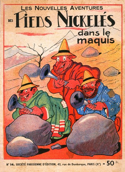 cover af et tegneseriealbum af Louis Forton (1879-1934): Les Pieds Nickeles dans le maquis (1949-udgaven af ​​bind 14 af trioens eventyr). Croquignol, Ribouldingue og Filochard på Korsika. ©Gusman/Leemage af Louis Forton
