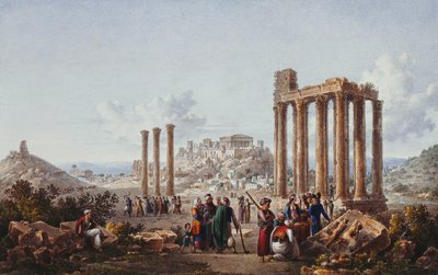 En udsigt over Akropolis, Athen, fra Zeus-templet i Olympia, ca. 1786-87 af Louis Francois Cassas