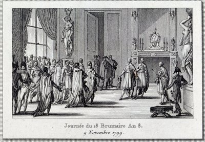 Konsulat: "" Napoleon Bonaparte (1769-1821) ved Saint Clouds møde den 18. brumaire (9/11/1799)" Statskuppet for de 18 brumaire af Napoleon Bonaparte ved Rådet for Fem Cents (Fem Cents) ) (værelse på 500), beskyttet af grenaderer, afslutter D af Louis Francois Couche